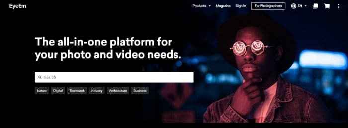 Capture d'écran du site Eyeeem pour la vente de photos