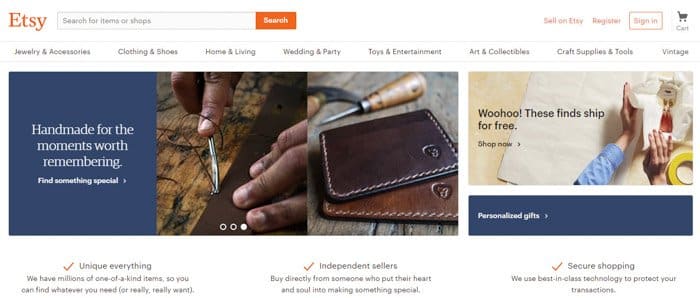 Screenshot della home page del sito web di Etsy