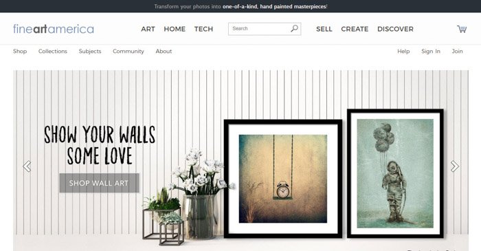 Uno screenshot della homepage di Fine Art America