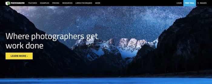 Captura de pantalla de la página de inicio de Photoshelter para vender fotos en línea
