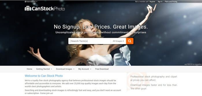 Screenshot of Can Stock photo website homepage