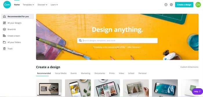 Screenshot van de Canva-startpagina
