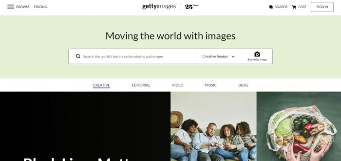 Getty Images web sitesi ana sayfasının ekran görüntüsü