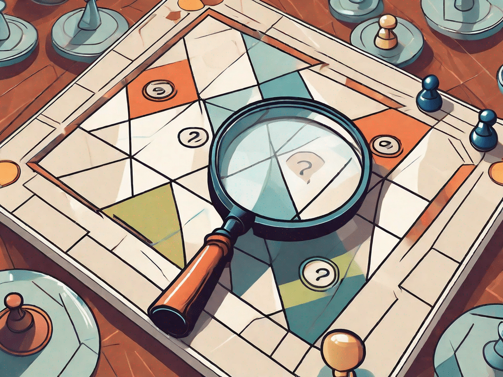 A magnifying glass hovering over a stylized board game