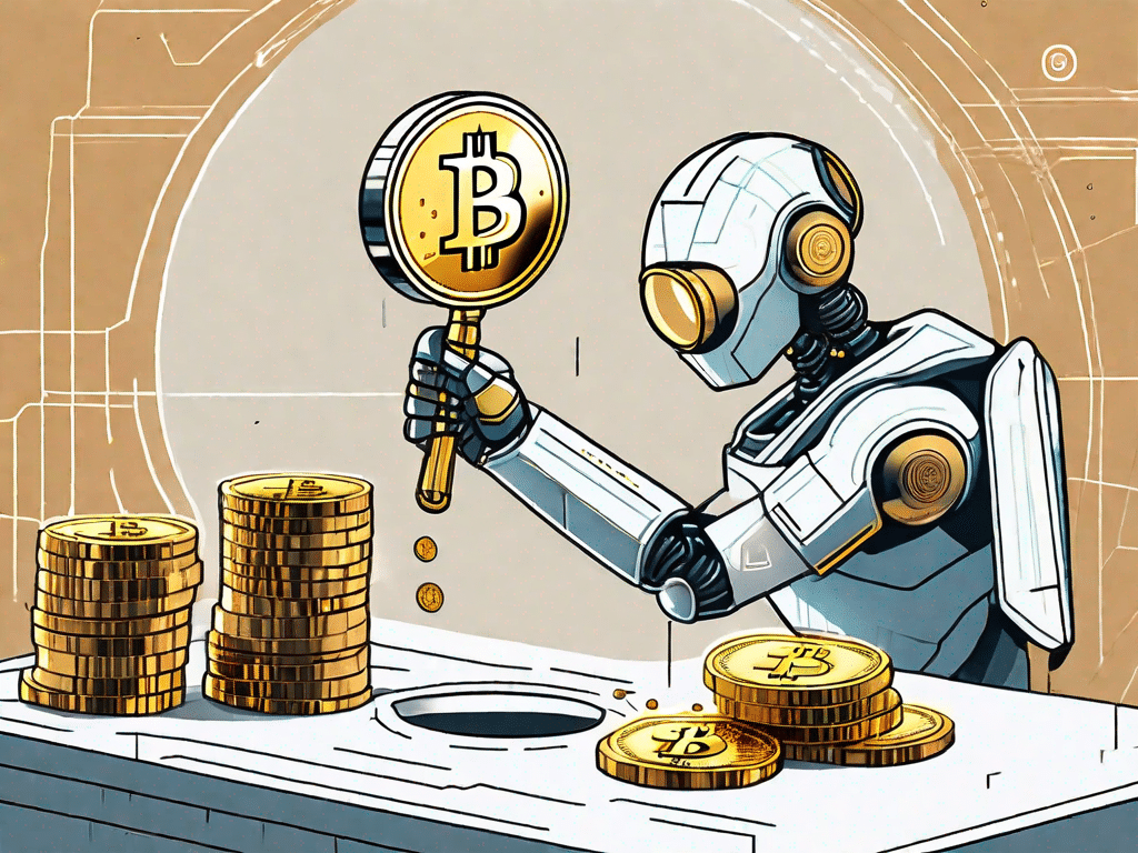 Ein futuristischer KI-Roboter untersucht einen goldenen Bitcoin unter einer Lupe
