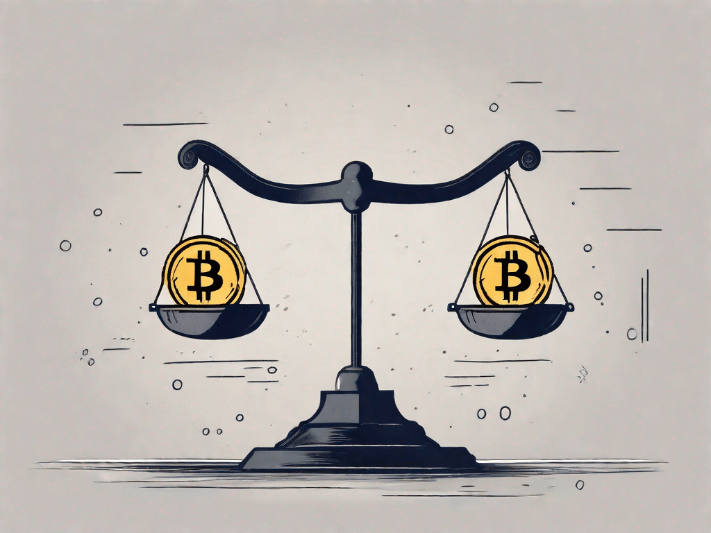 A balanced scale with a pile of bitcoins on one side and a question mark on the other