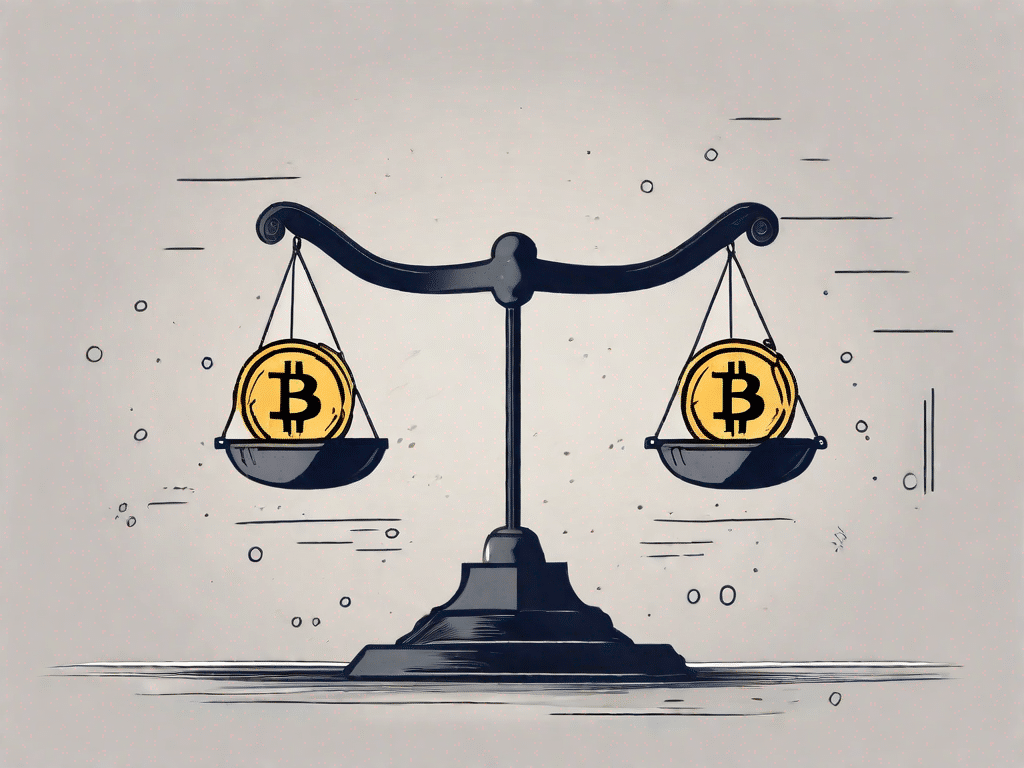 Una bilancia in equilibrio con una pila di bitcoin da un lato e un punto interrogativo dall'altro