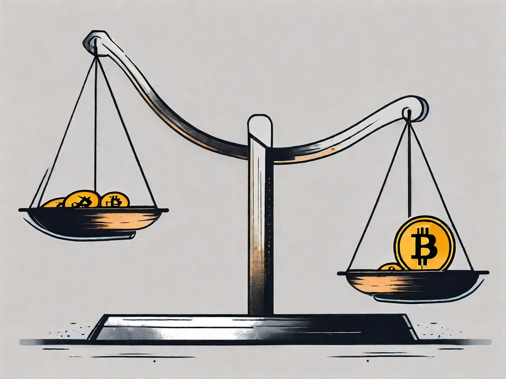 Een uitgebalanceerde weegschaal met aan de ene kant een bitcoin-symbool en aan de andere kant een vraagteken