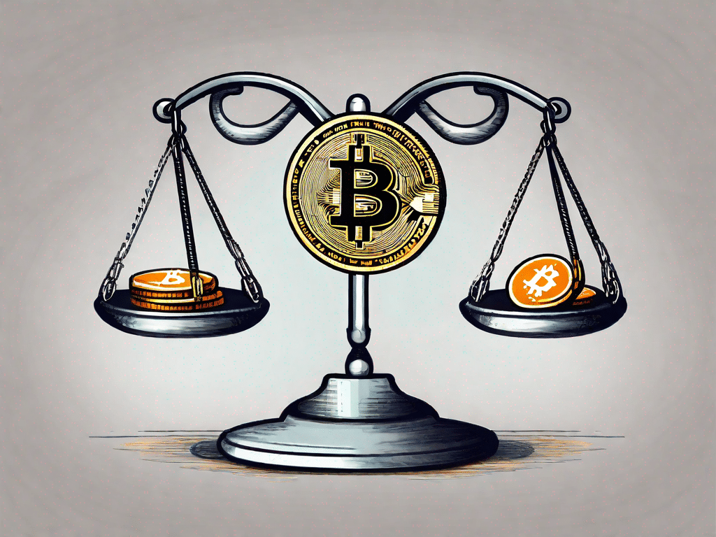 Una moneta bitcoin in equilibrio su una scala
