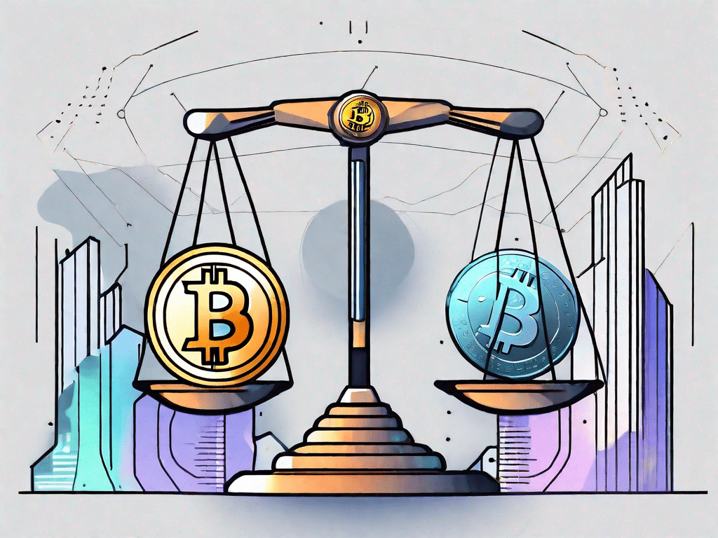 Uma balança equilibrada com um bitcoin de um lado e um ponto de interrogação do outro