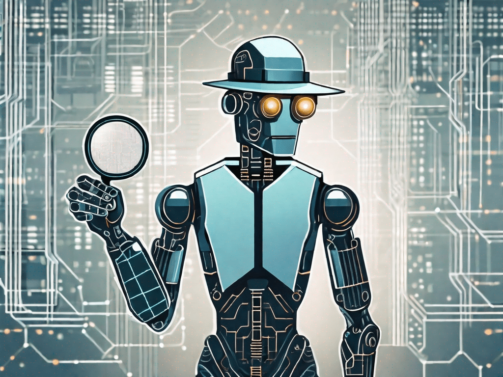 Un robot IA futuriste avec une loupe de détective