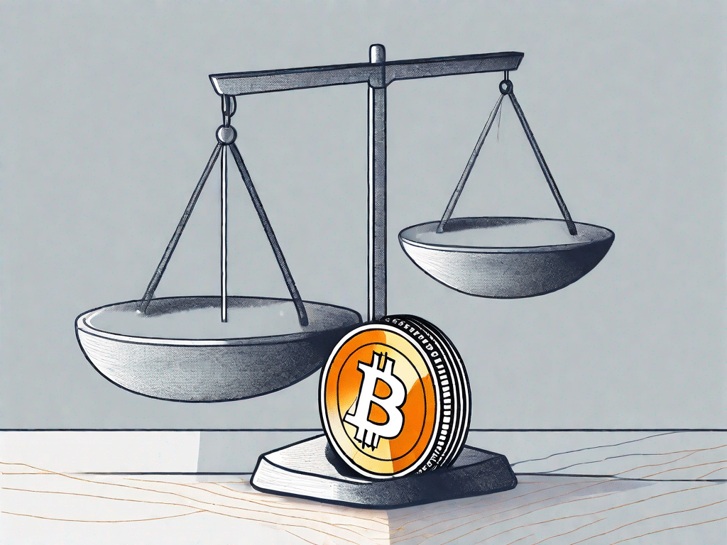 Una moneda bitcoin en equilibrio sobre el borde de una balanza