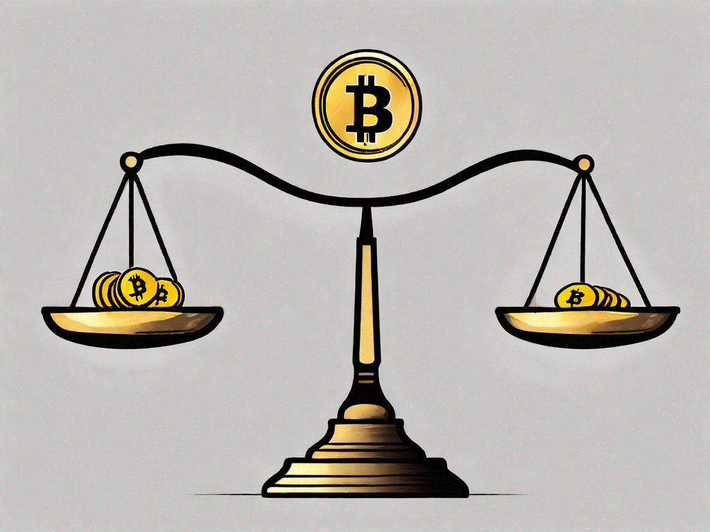 Een digitale weegschaal die een gouden bitcoin en een vraagteken in evenwicht brengt