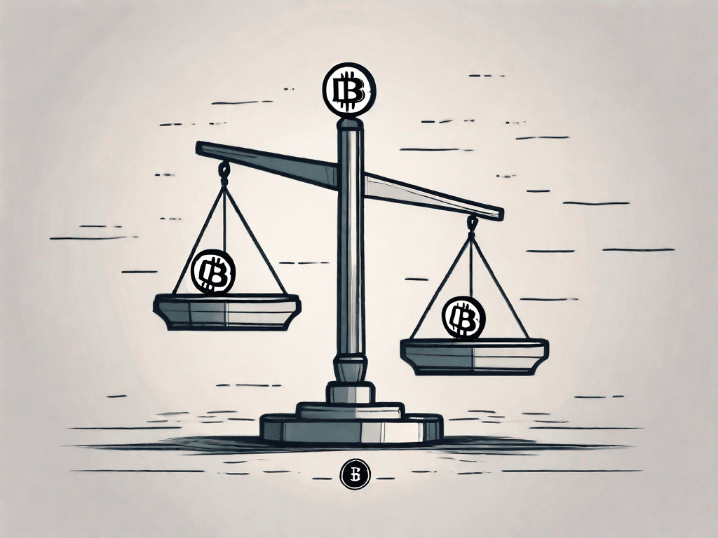 Uma balança equilibrada com um símbolo bitcoin de um lado e um ponto de interrogação do outro