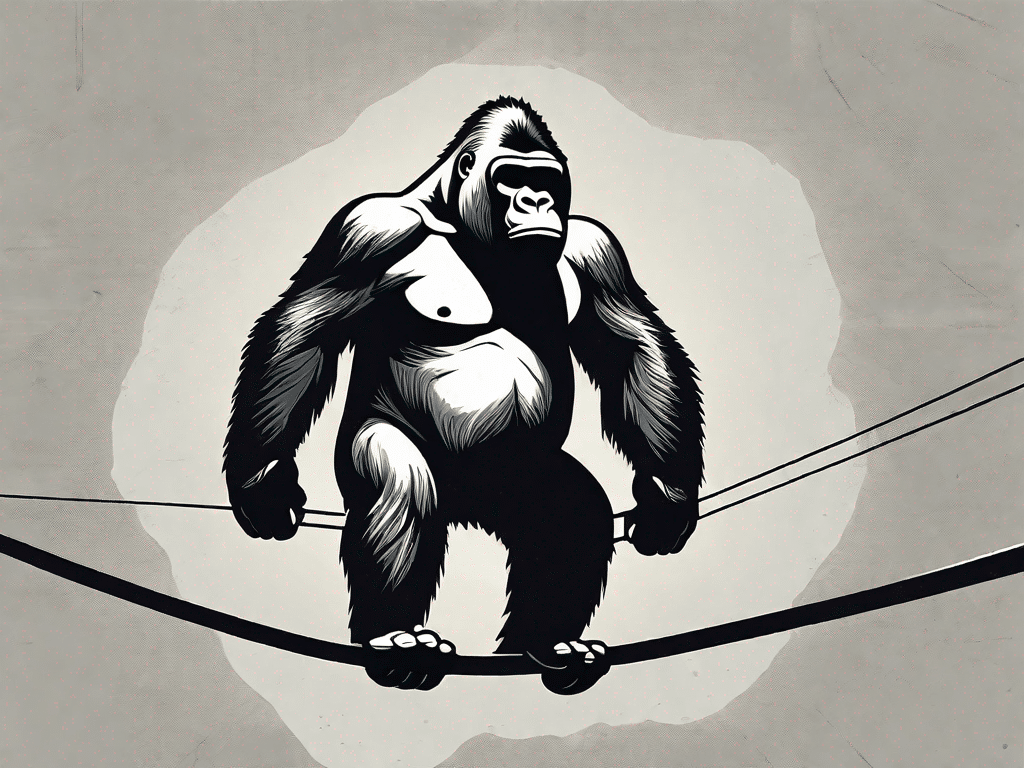 Uma representação simbólica de um gorila (representando o comerciante de moedas kong) equilibrando-se em uma corda bamba ou parado em uma encruzilhada