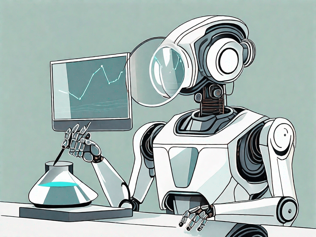 Um robô futurista de IA com uma lupa