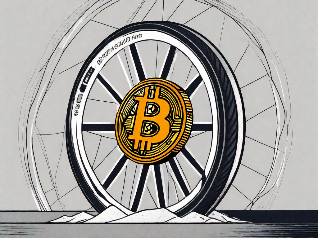 Uma moeda bitcoin oscilando na borda de uma roda de bicicleta