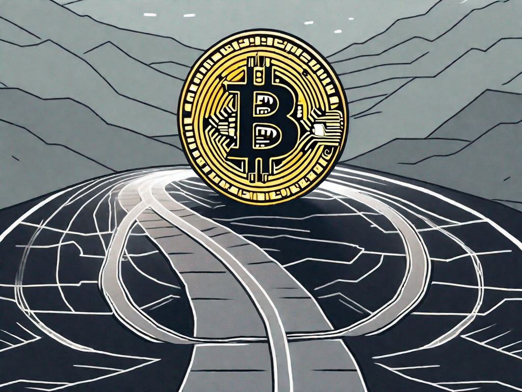 Uma moeda bitcoin oscilando à beira de uma estrada dividida