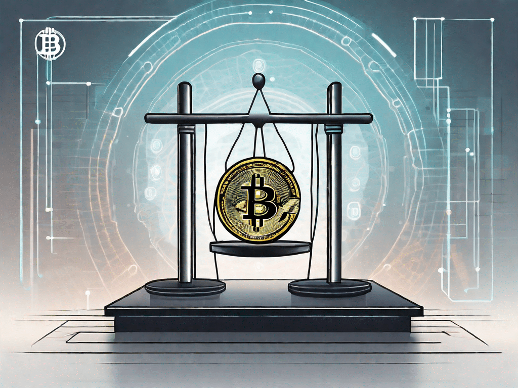 Une balance équilibrée avec un symbole Bitcoin d'un côté et un point d'interrogation de l'autre