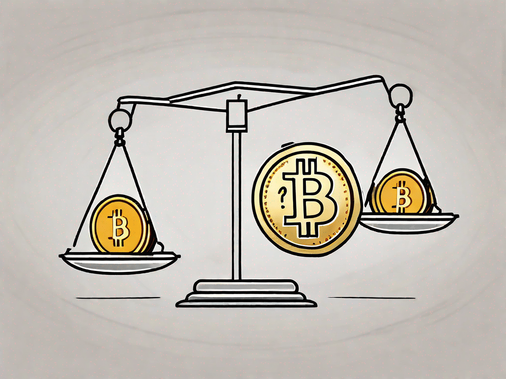 A digital scale balancing a traditional gold coin and a symbolic cryptocurrency coin