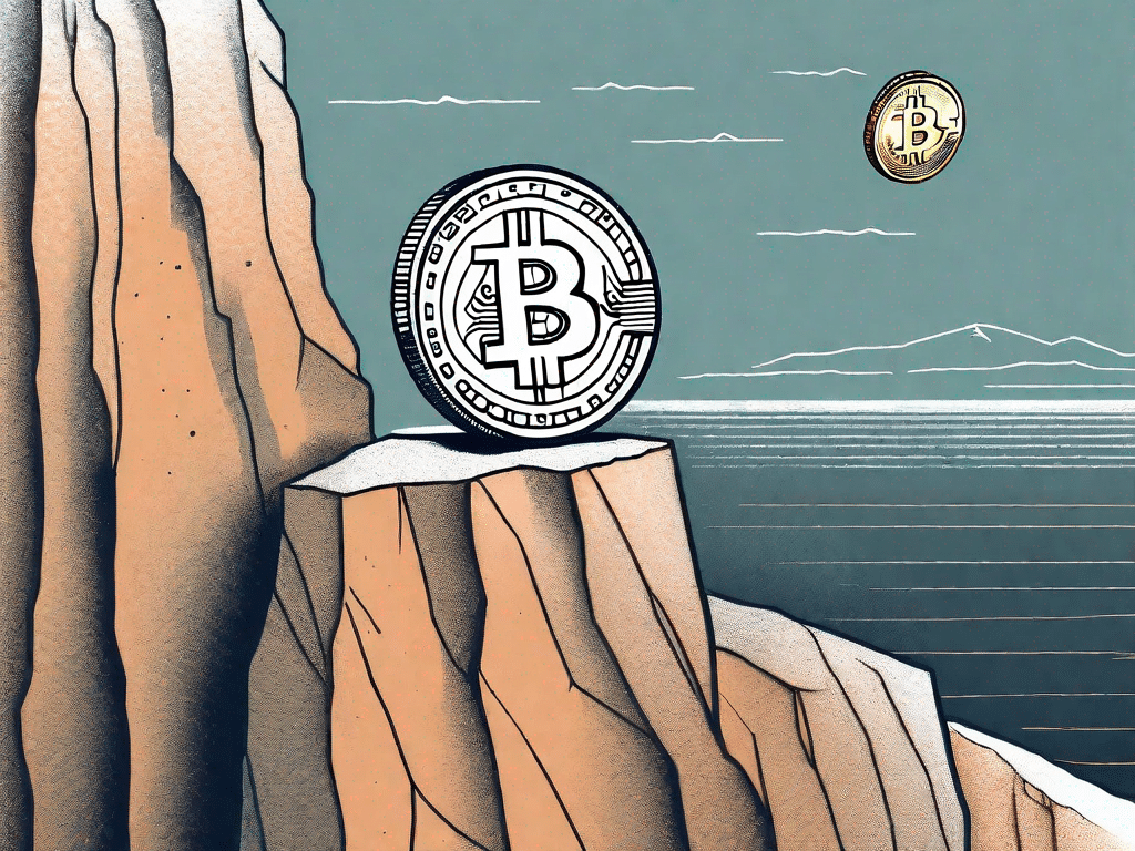 A bitcoin coin teetering on the edge of a cliff