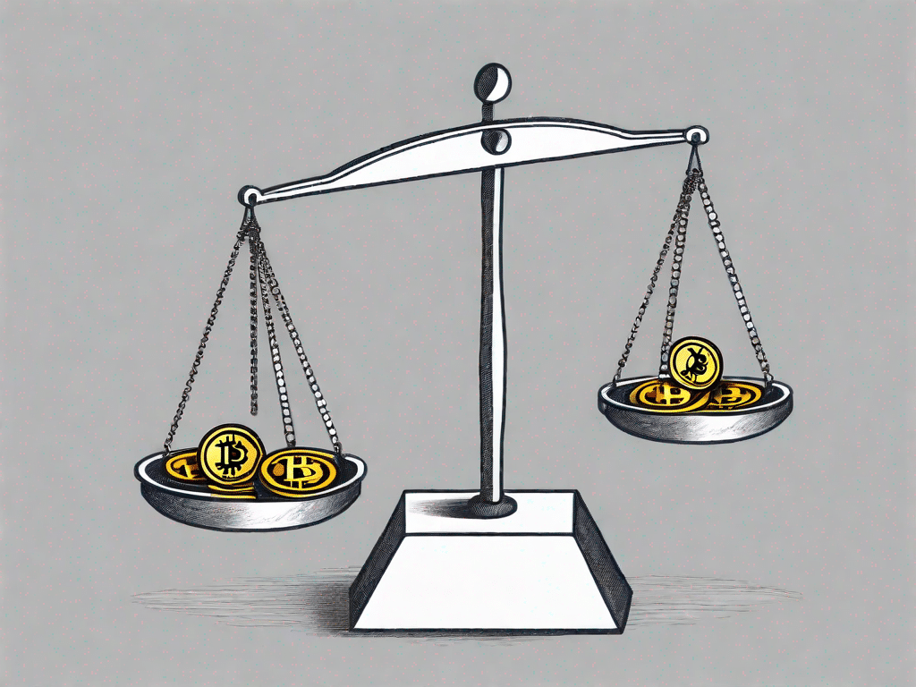 A bitcoin coin on one side of a balance scale and a question mark on the other