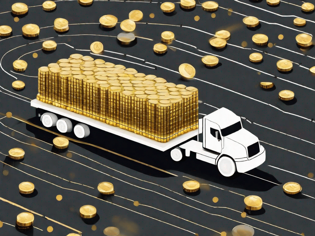 Een digitale vrachtwagen met aanhanger gemaakt van gouden munten die over een binaire codeweg rijdt
