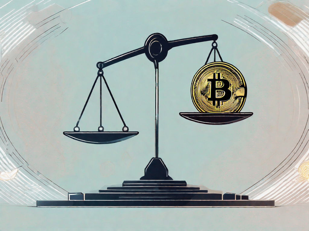 A symbolic balance scale with a cryptocurrency coin on one side and a question mark on the other