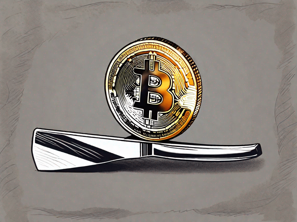 Uma moeda bitcoin equilibrada no fio de uma navalha