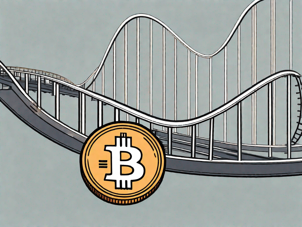 Eine Bitcoin-Münze auf einer Achterbahnstrecke