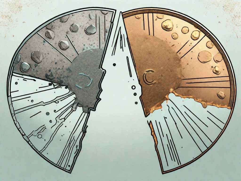 A digital coin split in half