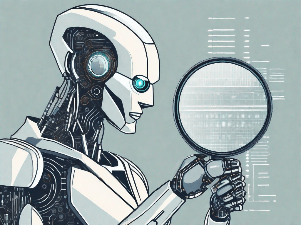 Um robô futurista de IA examinando uma lupa