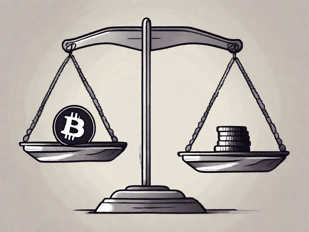 Eine ausgewogene Waage mit einem Bitcoin-Symbol auf der einen und einem Fragezeichen auf der anderen Seite