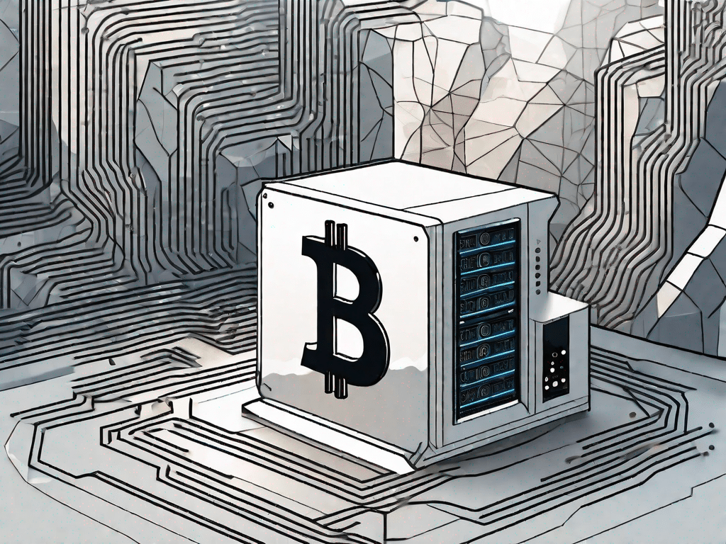 Een bitcoin miner-machine met een vraagteken erover