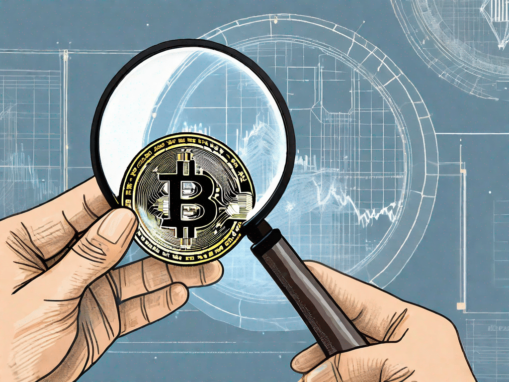 A bitcoin coin being analyzed under a magnifying glass