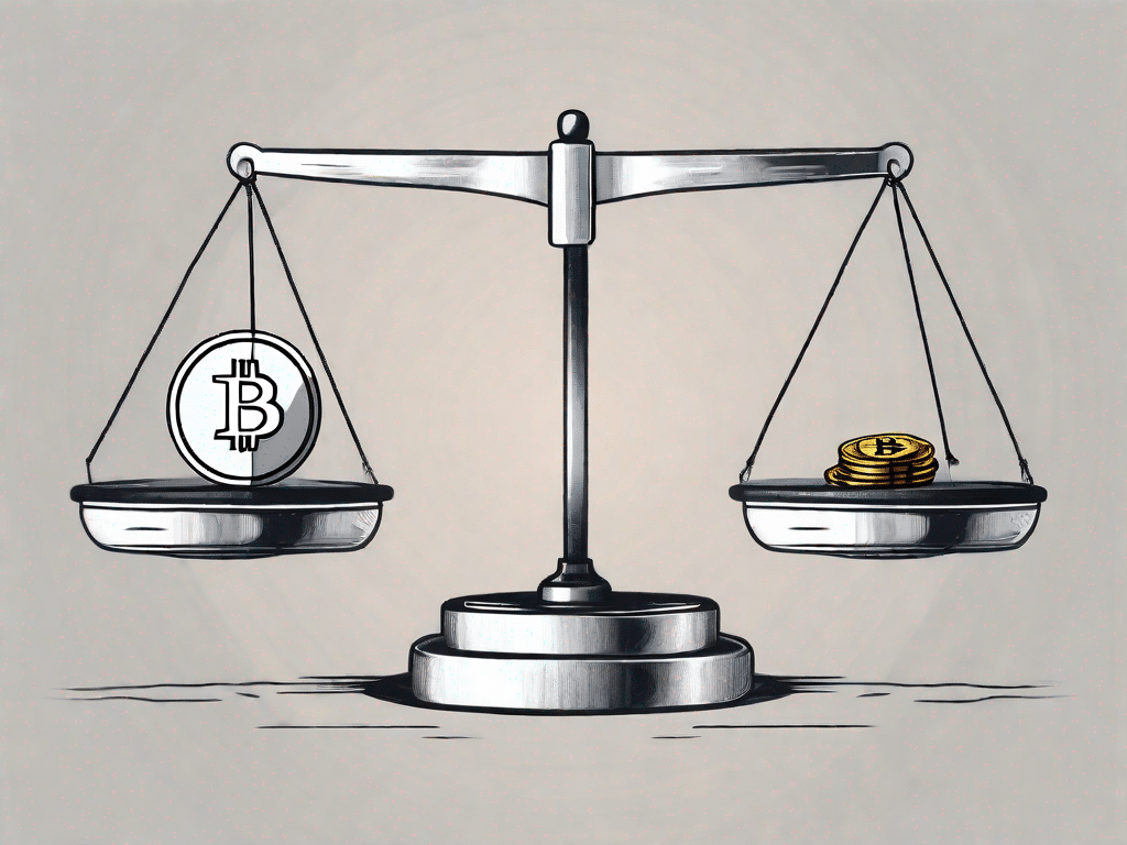 A balanced scale with a bitcoin on one side and a question mark on the other