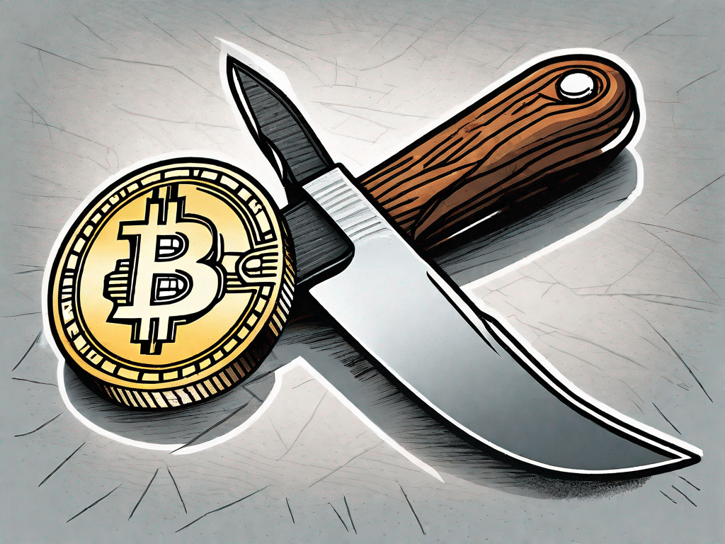 Uma moeda bitcoin equilibrada na ponta de uma faca