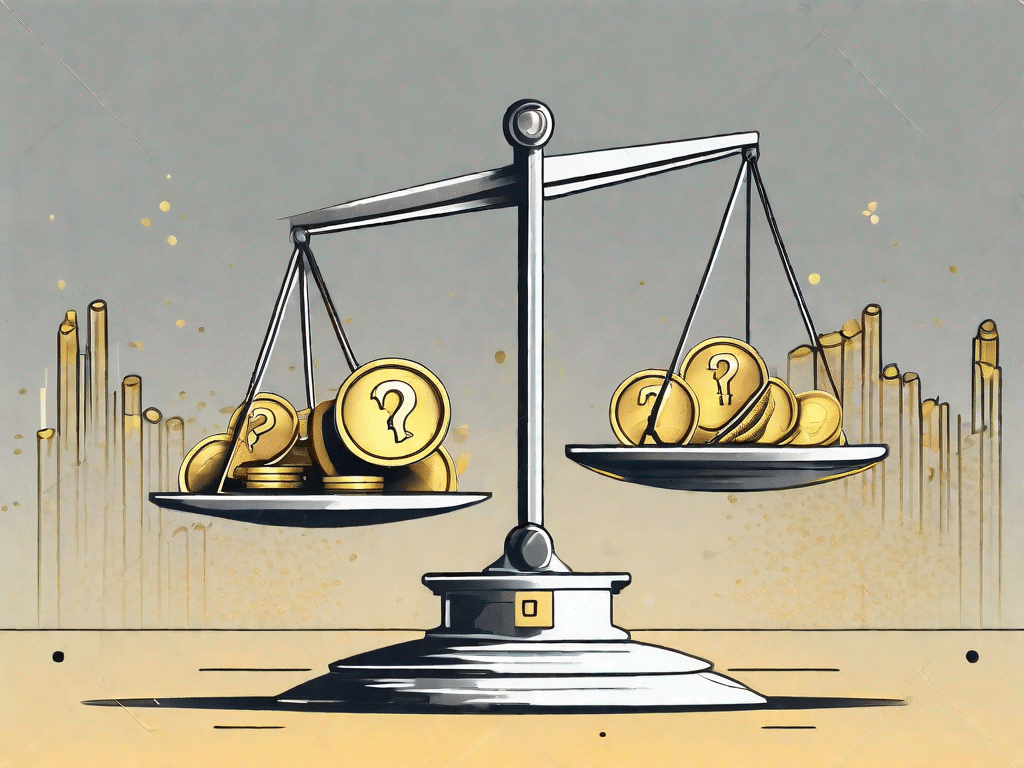 Uma balança com uma pilha de moedas de ouro de um lado e um ponto de interrogação do outro