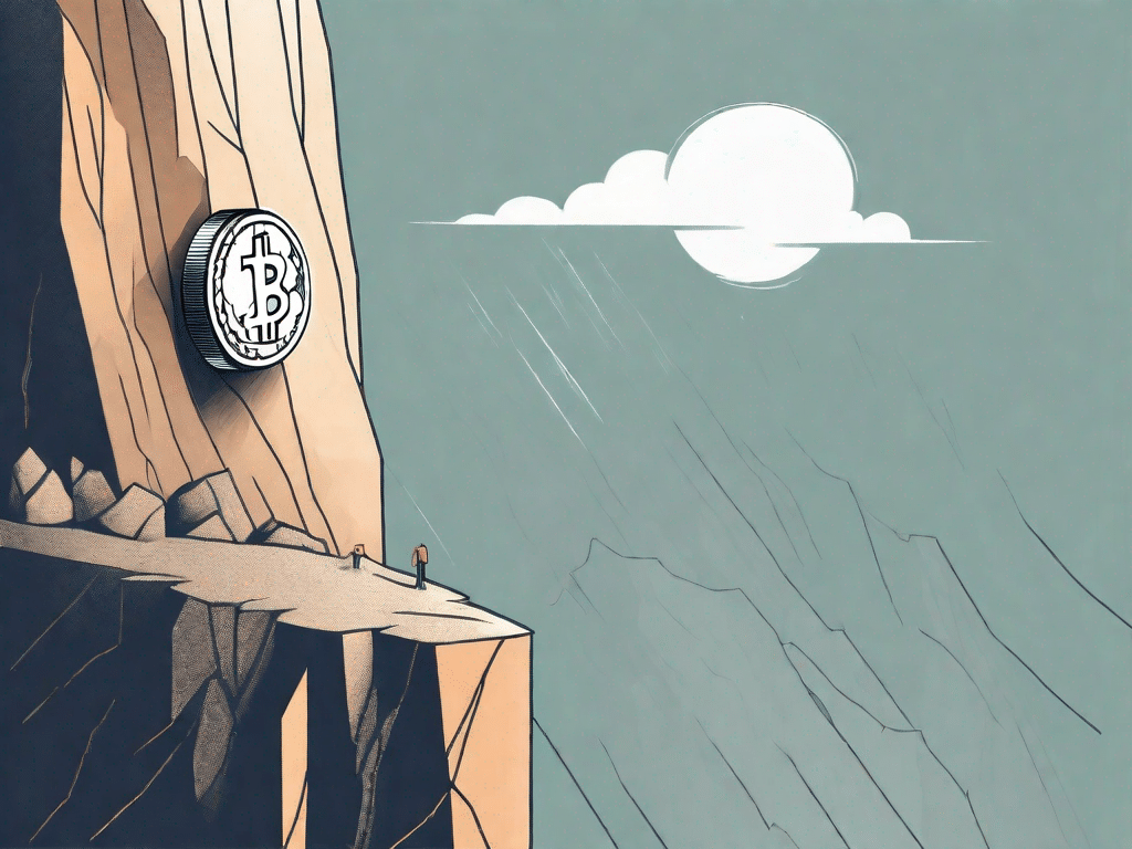A digital coin teetering on the edge of a cliff