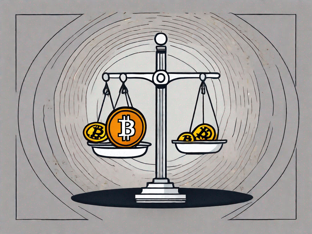 Una bilancia in equilibrio con un bitcoin da un lato e un punto interrogativo dall’altro