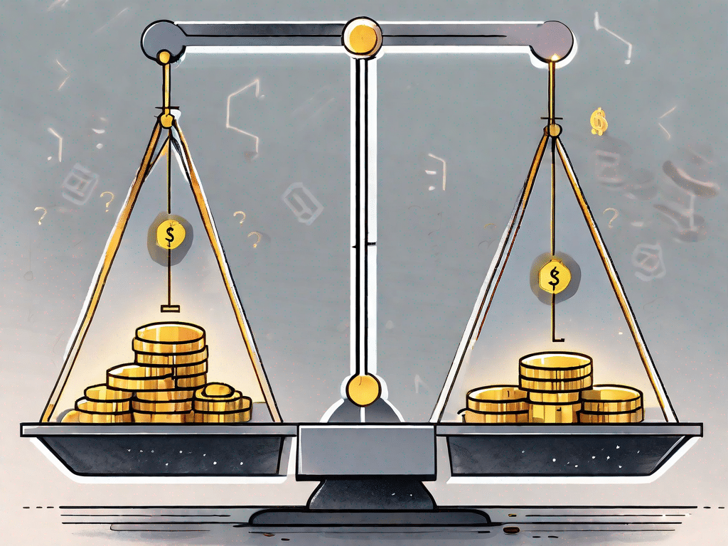 Uma balança com um token NFT brilhante de um lado e uma pilha de moedas do outro