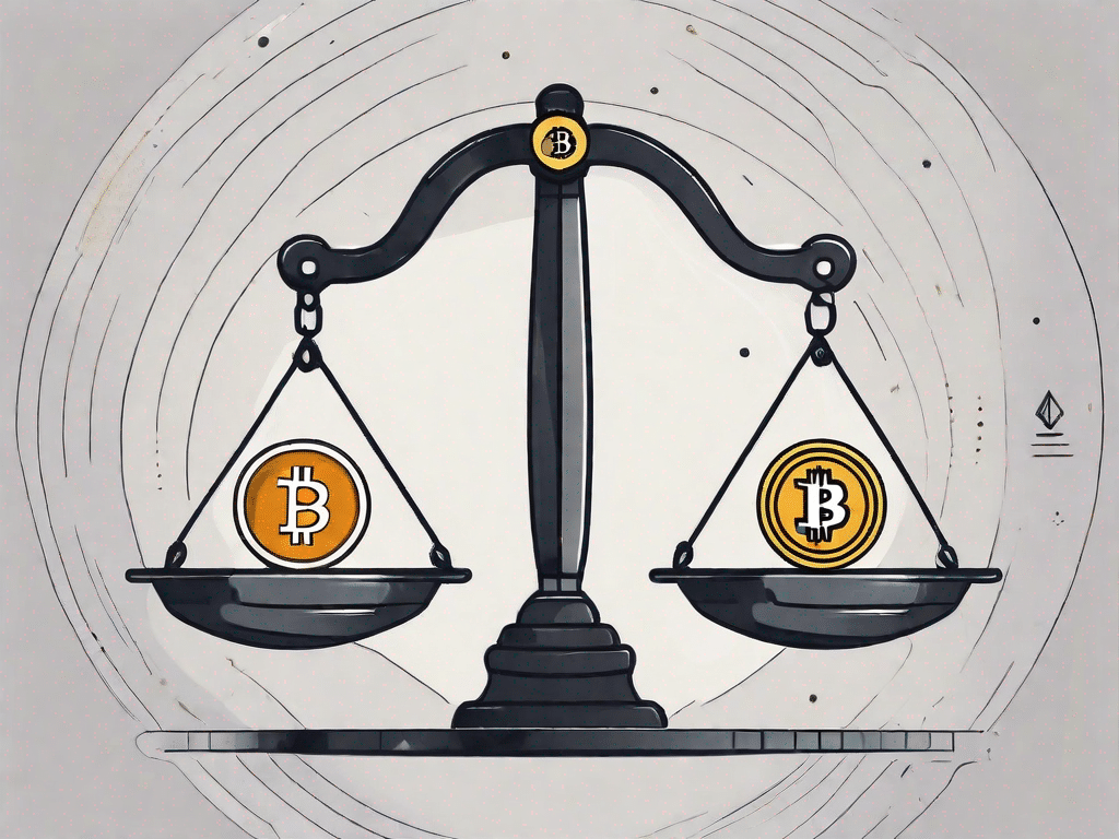 A balanced scale with a cryptocurrency coin on one side and a question mark on the other