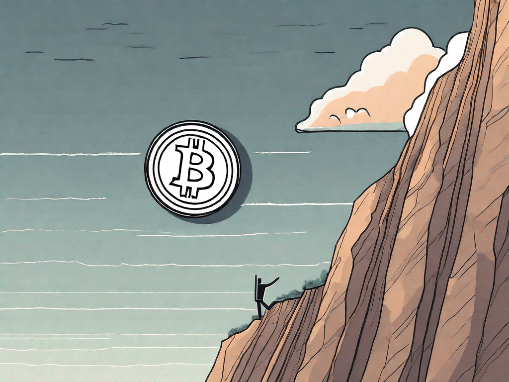 A bitcoin coin teetering on the edge of a cliff