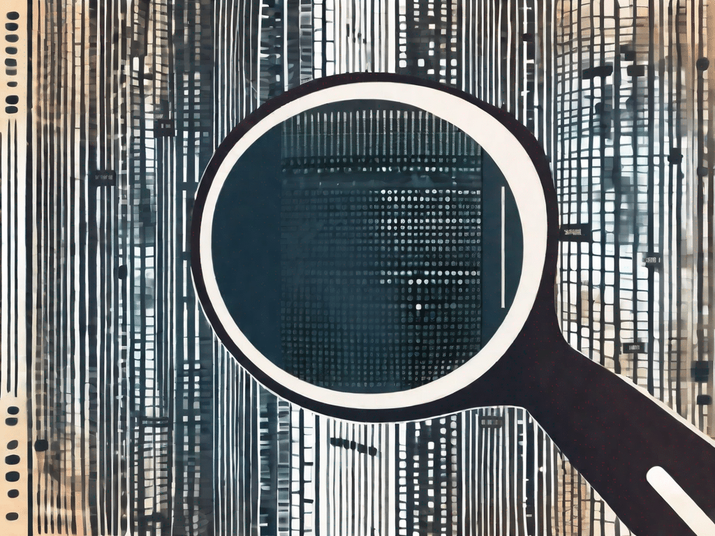 Una lente d'ingrandimento sospesa sullo schermo di un computer che mostra una serie di codici binari
