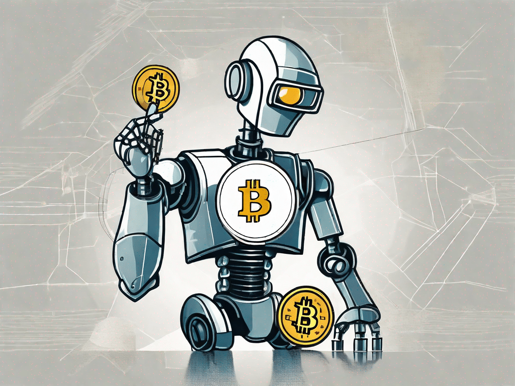Um robô examinando um símbolo de bitcoin com uma lupa