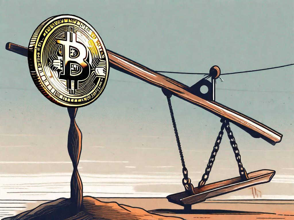 Uma moeda bitcoin equilibrada em uma gangorra
