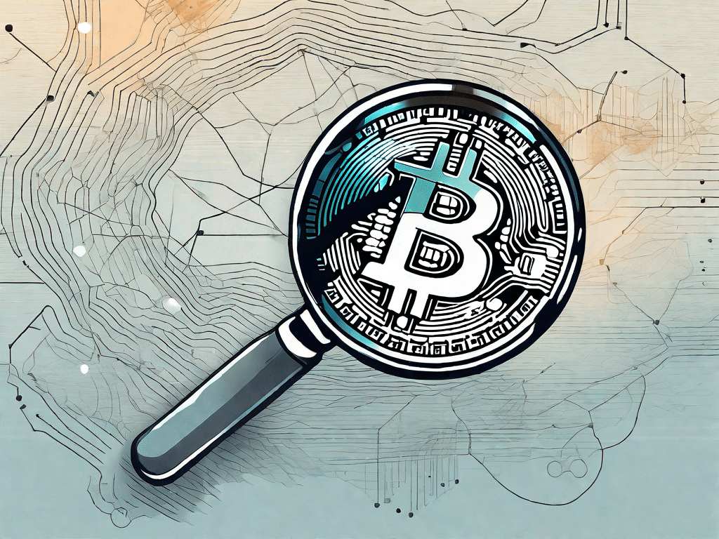 A magnifying glass hovering over a bitcoin