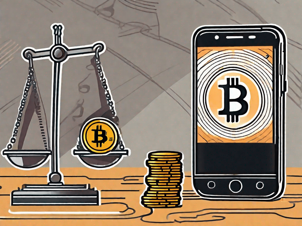 A smartphone displaying a suspicious-looking app with bitcoin symbols