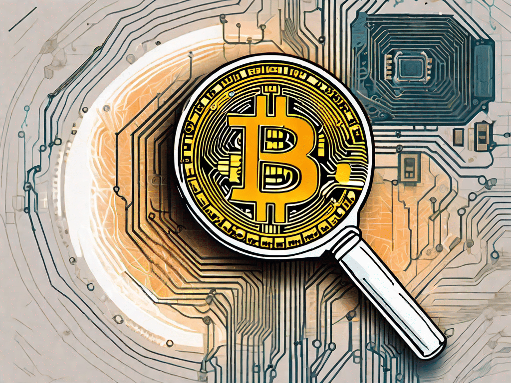 A magnifying glass hovering over a symbolic representation of a bitcoin and a computer chip