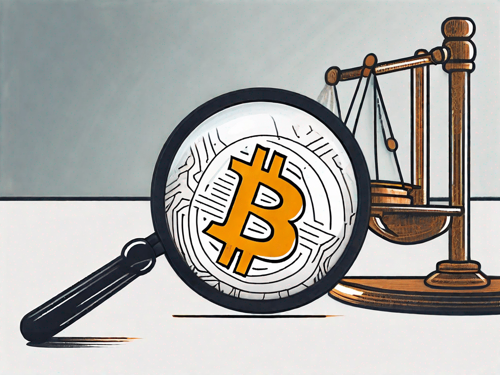 Een bitcoin-symbool dat onder een vergrootglas wordt onderzocht